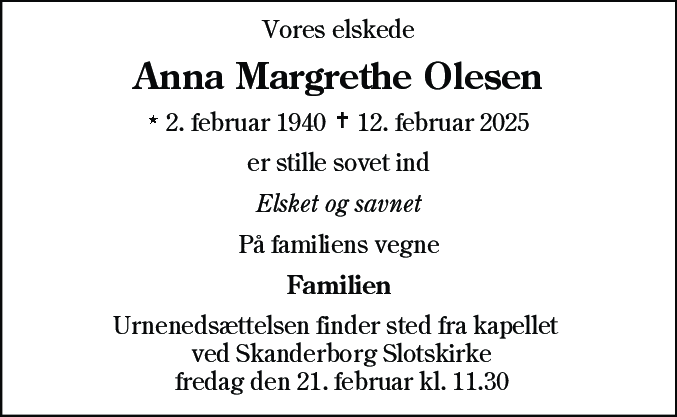 Dødsannonce for Anna Margrethe Olesen
