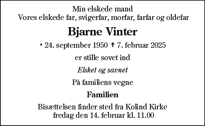 Dødsannonce for Bjarne Vinter