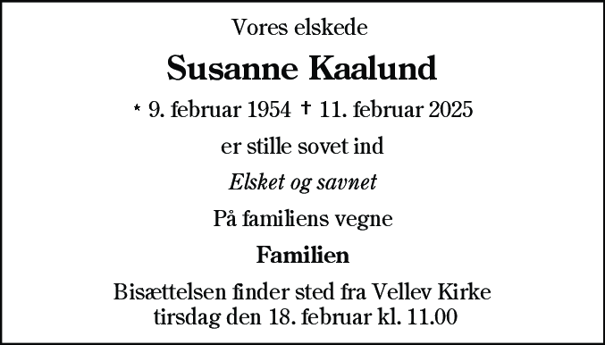 Dødsannonce for Susanne Kaalund