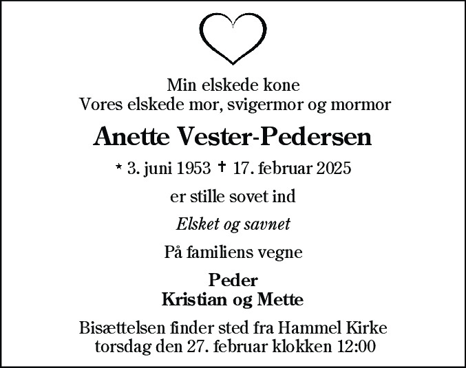 Dødsannonce for Anette Vester-Pedersen