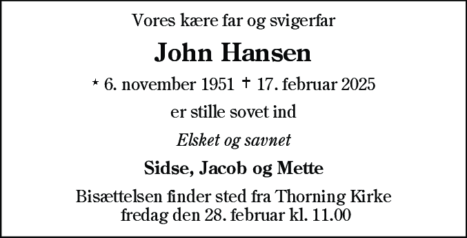 Dødsannonce for John Hansen