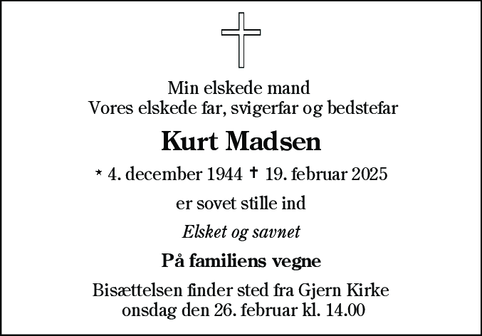 Dødsannonce for Kurt Madsen