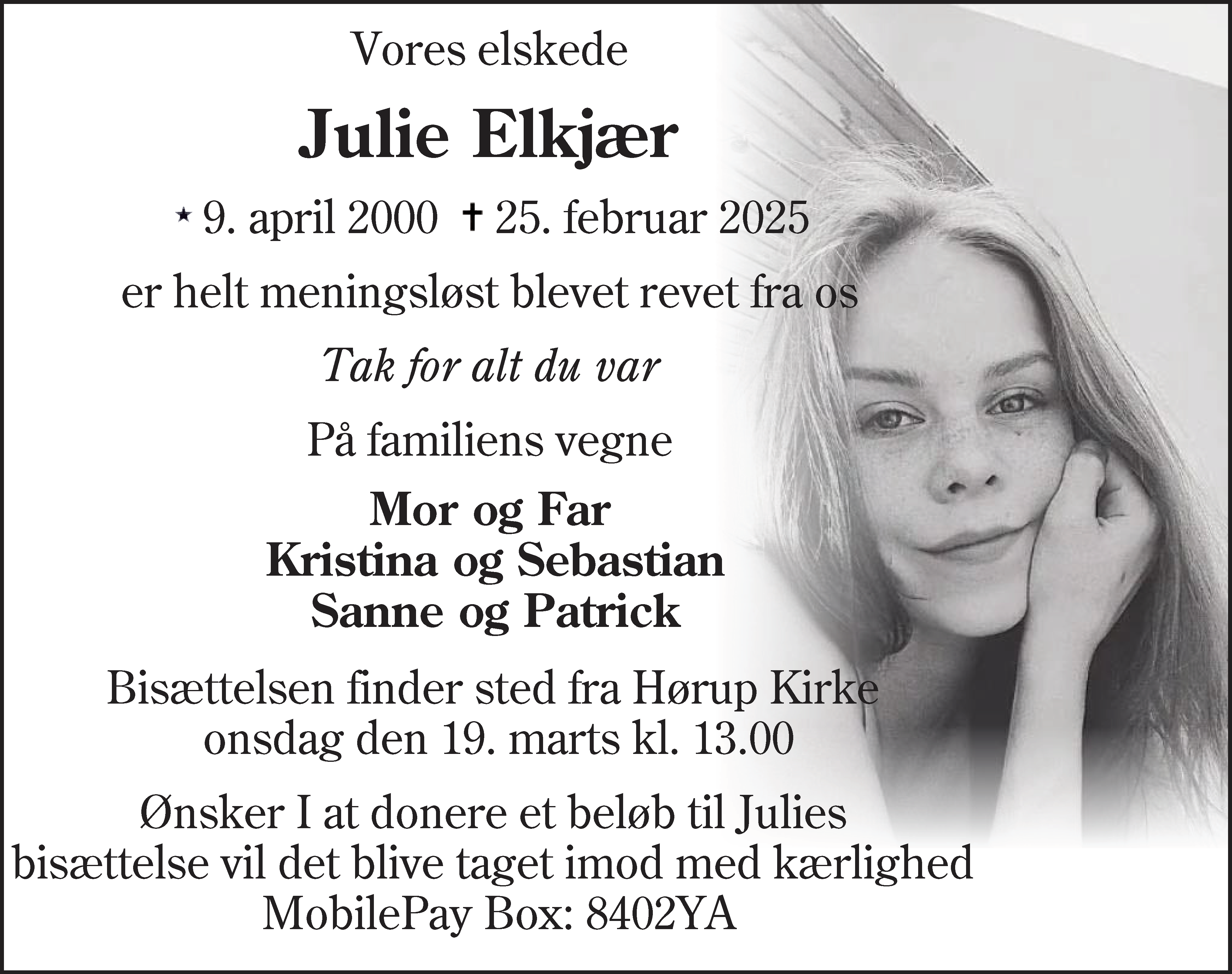 Dødsannonce for Julie Elkjær