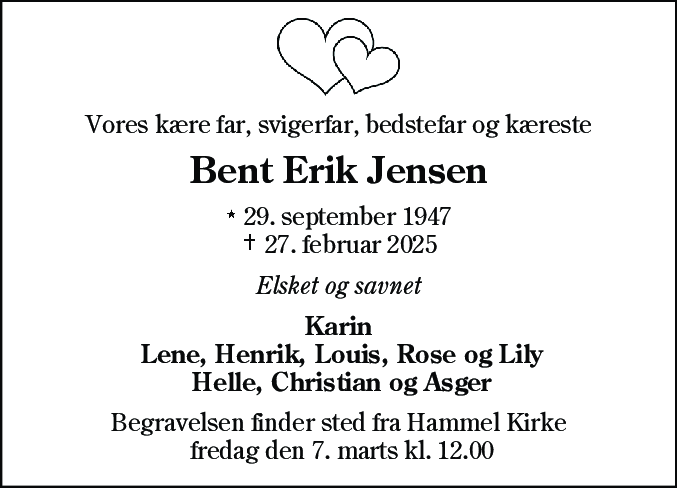 Dødsannonce for Bent Erik Jensen