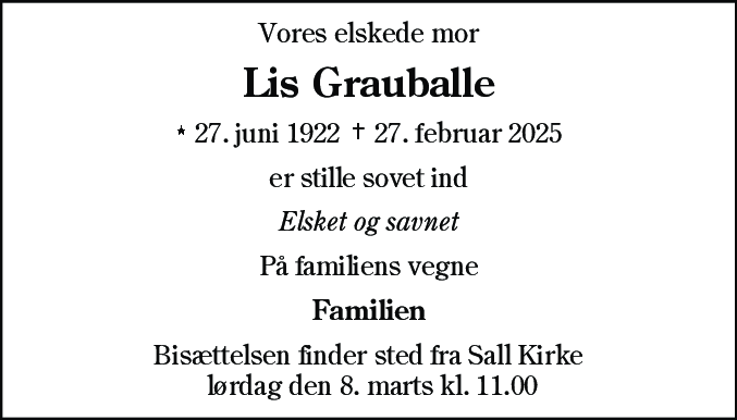 Dødsannonce for Lis Grauballe