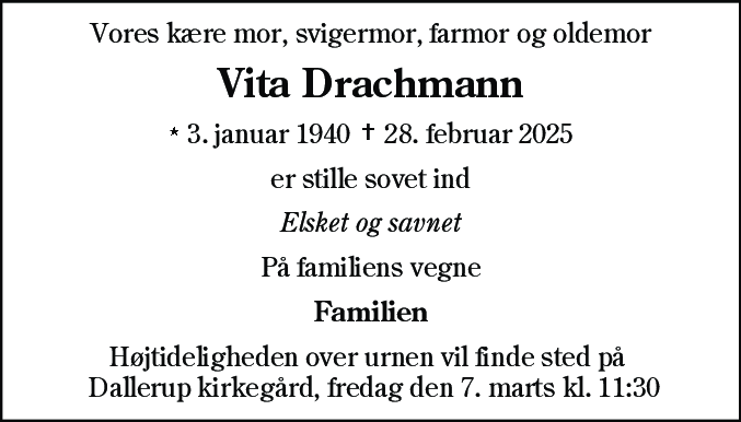 Dødsannonce for Vita Drachmann