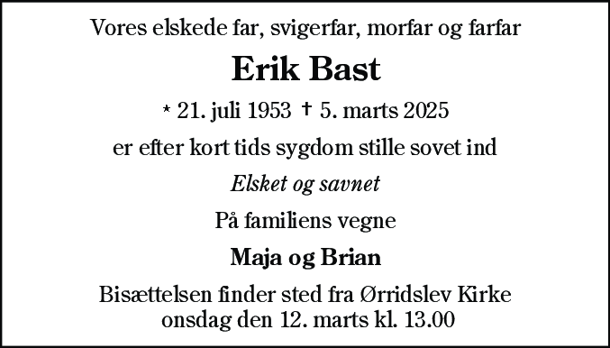 Dødsannonce for Erik Bast