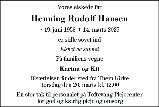 Dødsannonce for Henning Rudolf Hansen