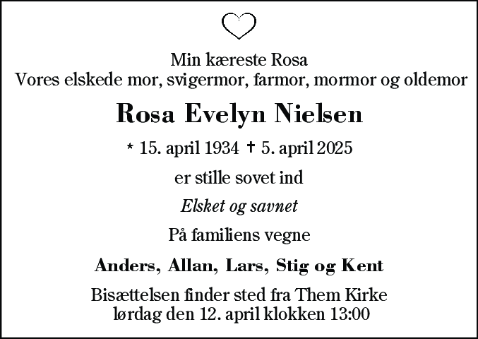 Dødsannonce for Rosa Evelyn Nielsen