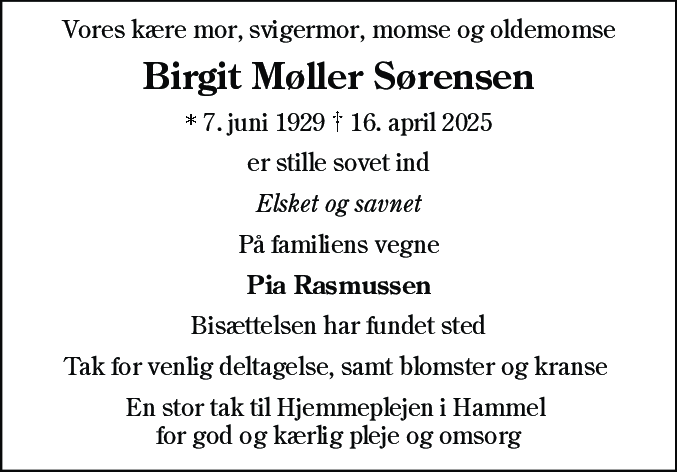 Dødsannonce for Birgit Møller Sørensen