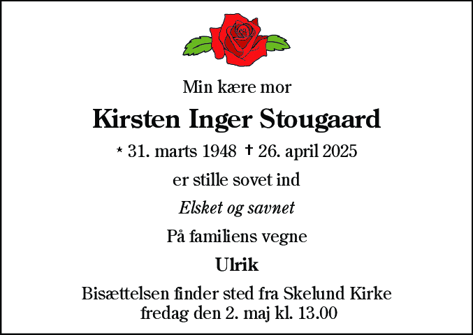 Dødsannonce for Kirsten Inger Stougaard