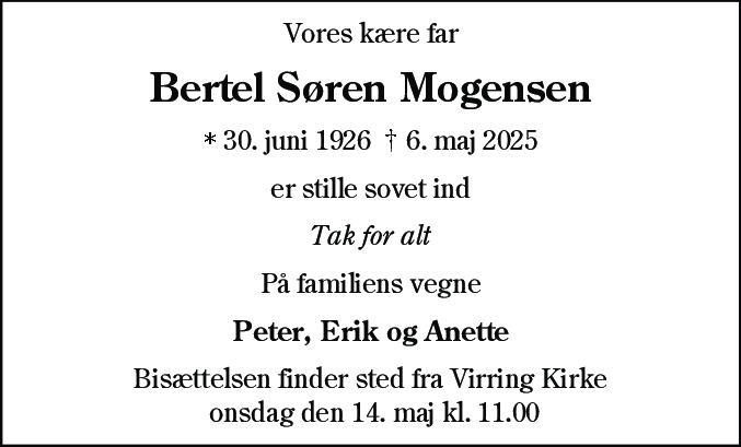 Dødsannonce for Bertel Søren Mogensen