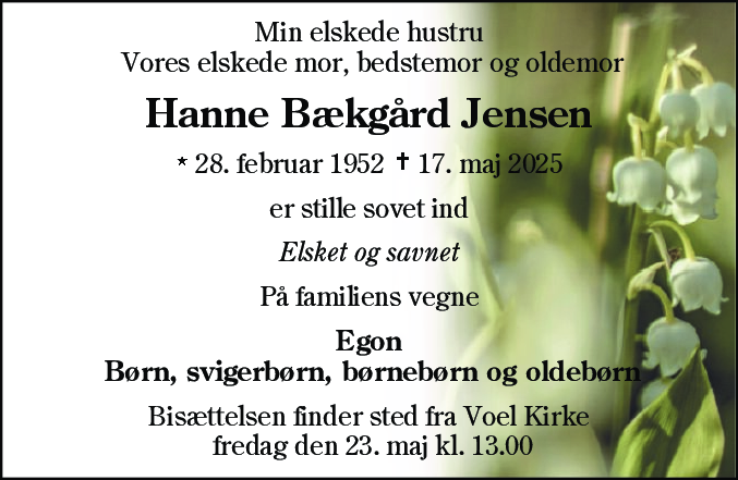 Dødsannonce for Hanne Bækgård Jensen