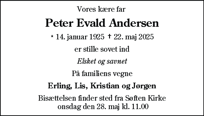 Dødsannonce for Peter Evald Andersen