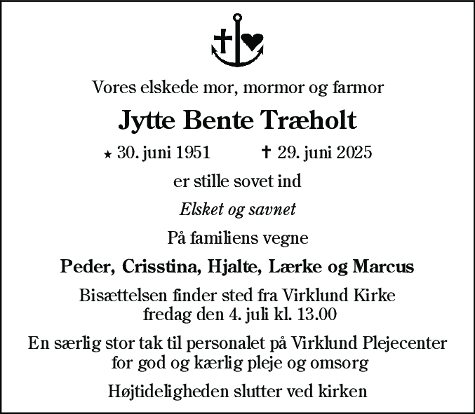 Dødsannonce for Jytte Bente Træholt