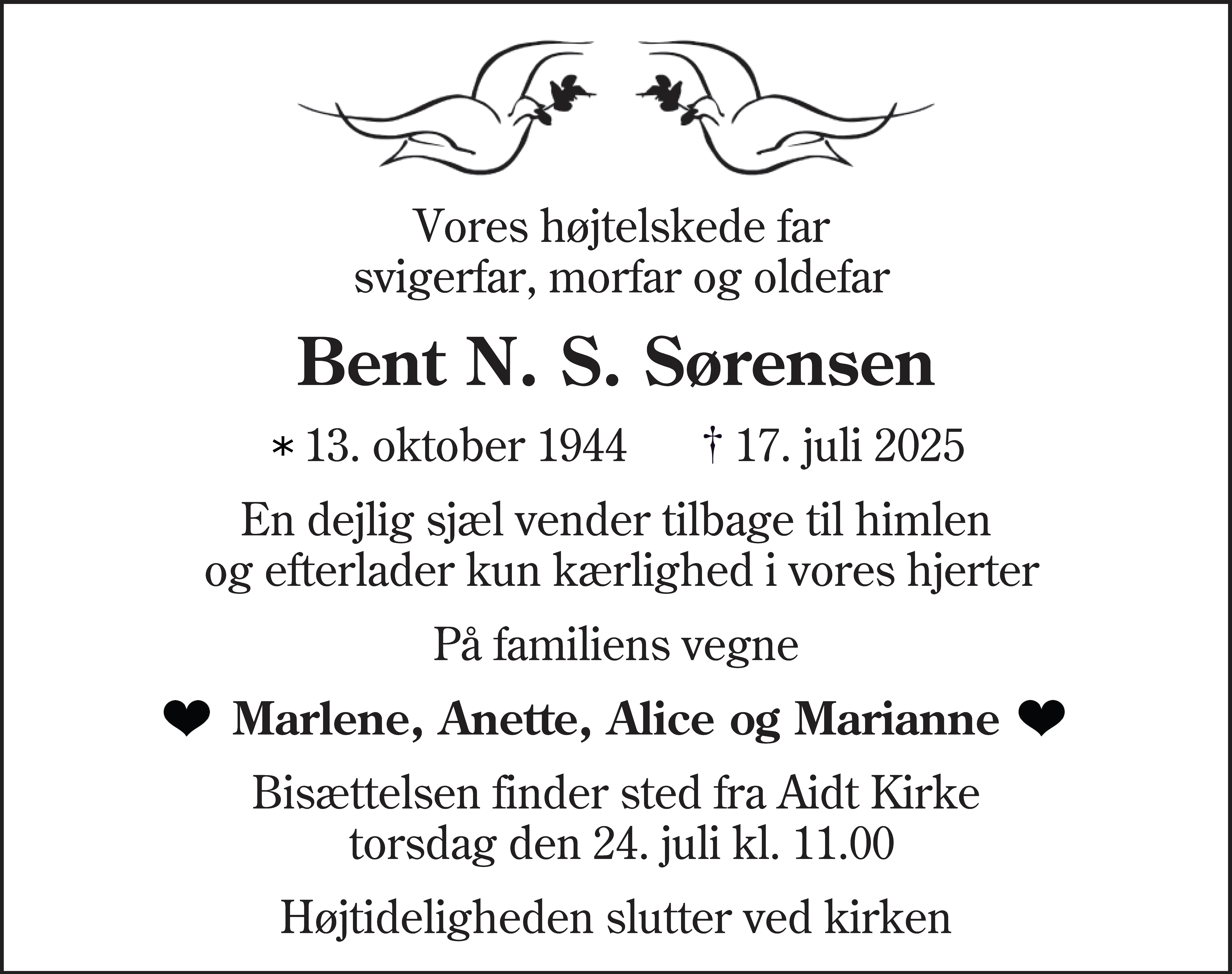 Dødsannonce for Bent Niels Søren Sørensen