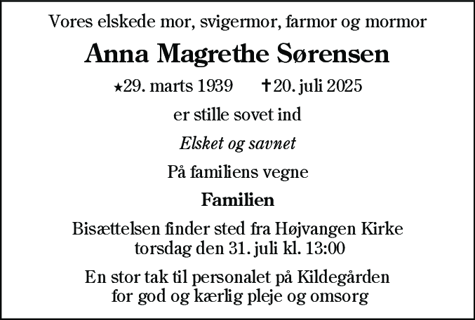 Dødsannonce for Anna Magrethe Sørensen