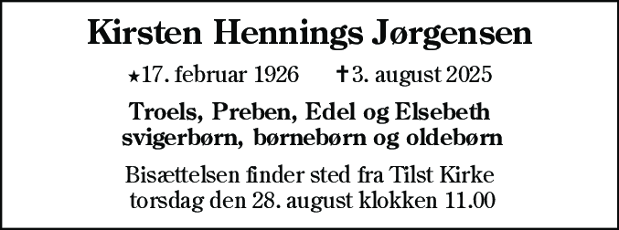 Dødsannonce for Kirsten Hennings Jørgensen