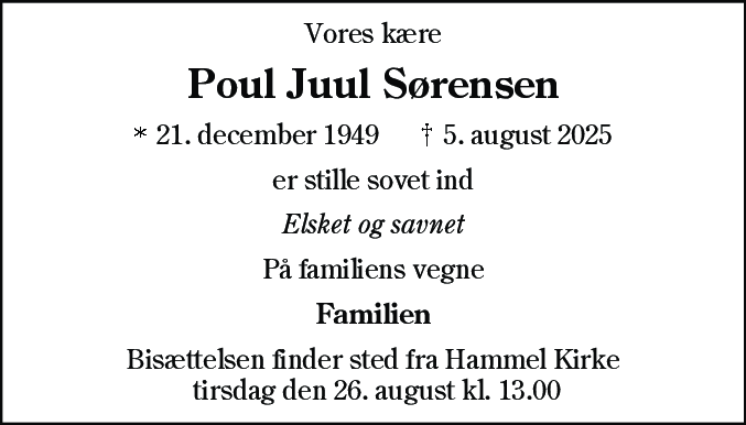 Dødsannonce for Poul Juul Sørensen