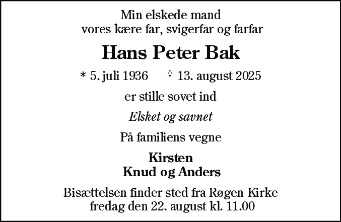 Dødsannonce for Hans Peter Bak