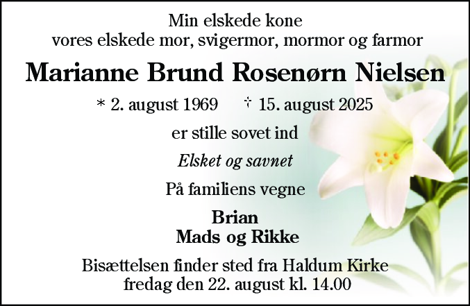 Dødsannonce for Marianne Brund Rosenørn Nielsen