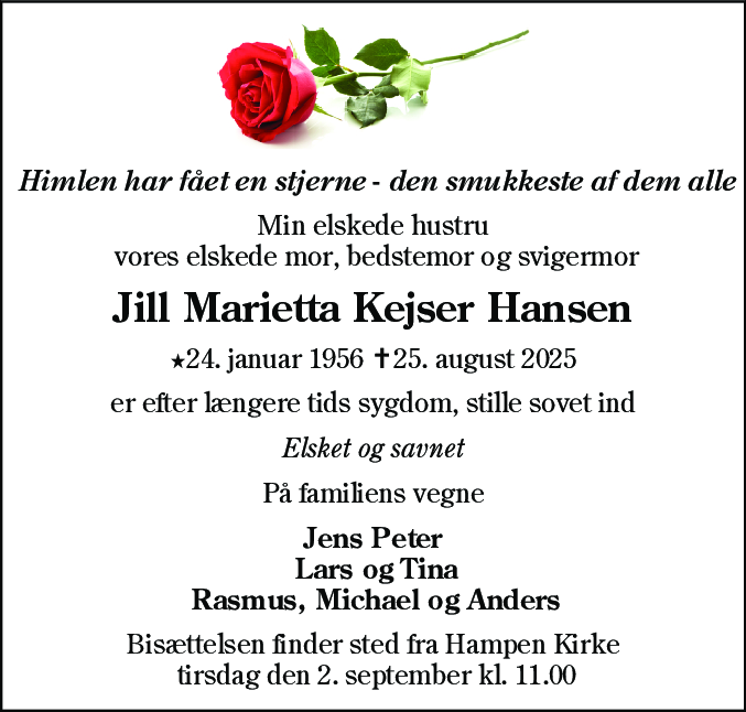 Dødsannonce for Jill Marietta Kejser Hansen