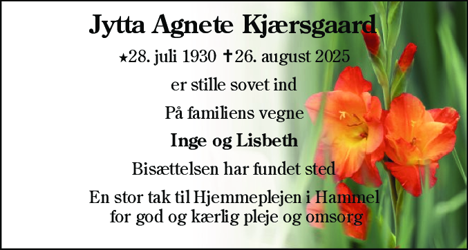 Dødsannonce for Jytta Agnete Kjærsgaard