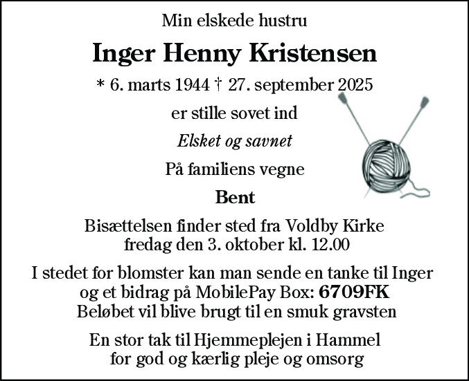 Dødsannonce for Inger Henny Kristensen
