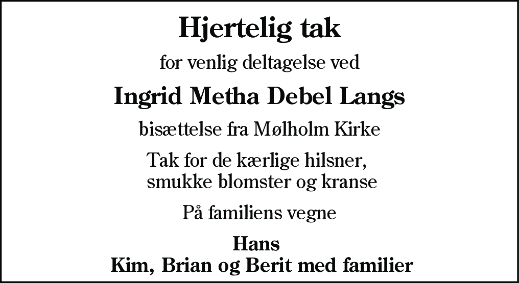 Dødsannonce for Ingrid Metha Debel Lang