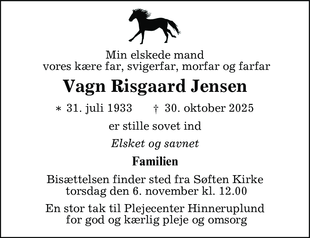 Dødsannonce for Vagn Risgaard Jensen