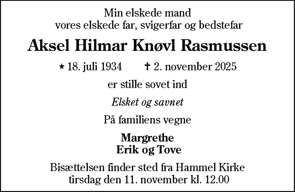 Dødsannonce for Aksel Hilmar Knøvl Rasmussen