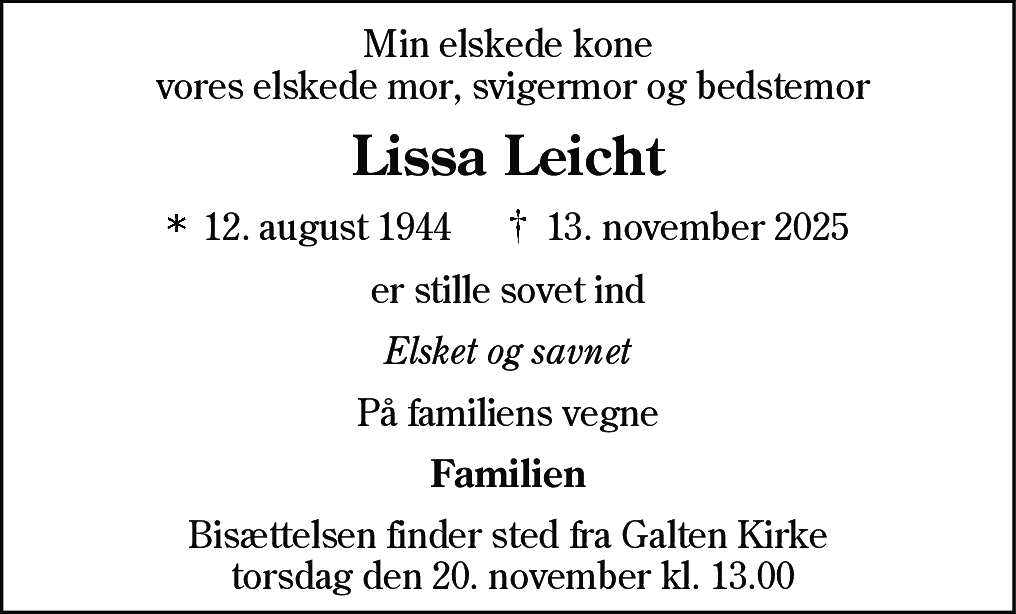 Dødsannonce for Lissa Leicht