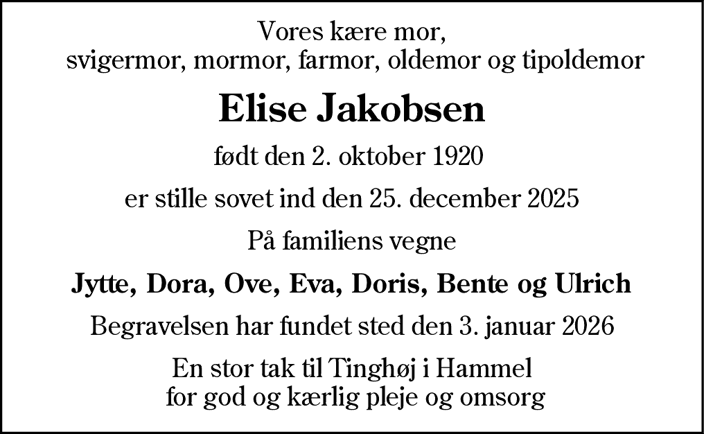 Dødsannonce for Elise Katrine Jakobsen