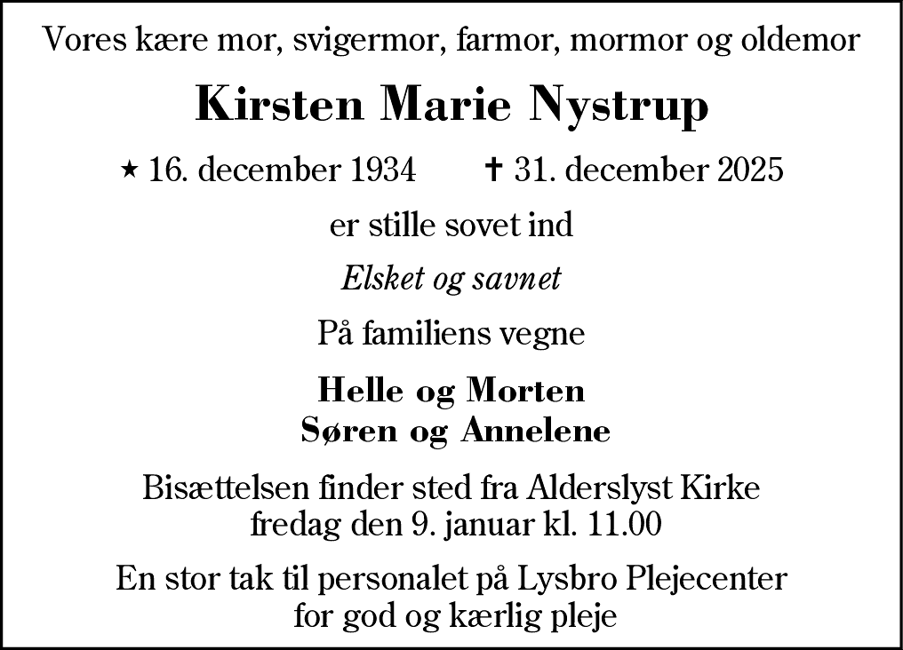 Dødsannonce for Kirsten Marie Nystrup