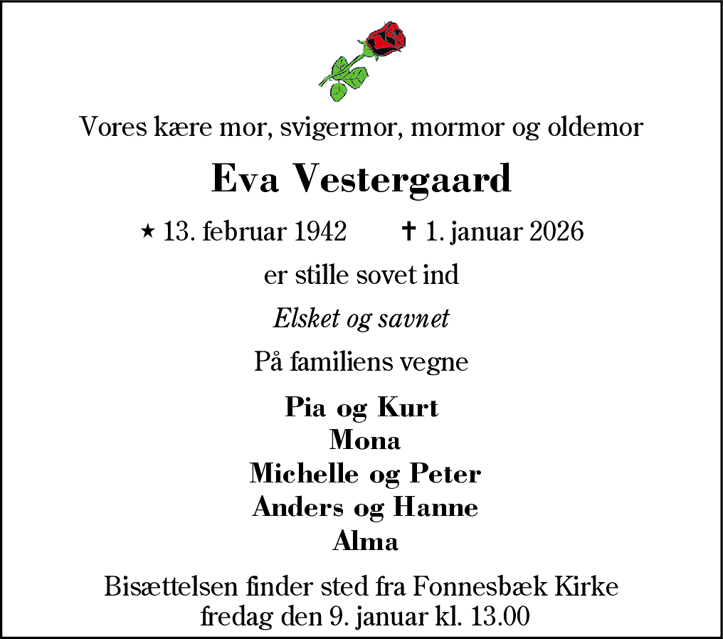 Dødsannonce for Eva Vestergaard