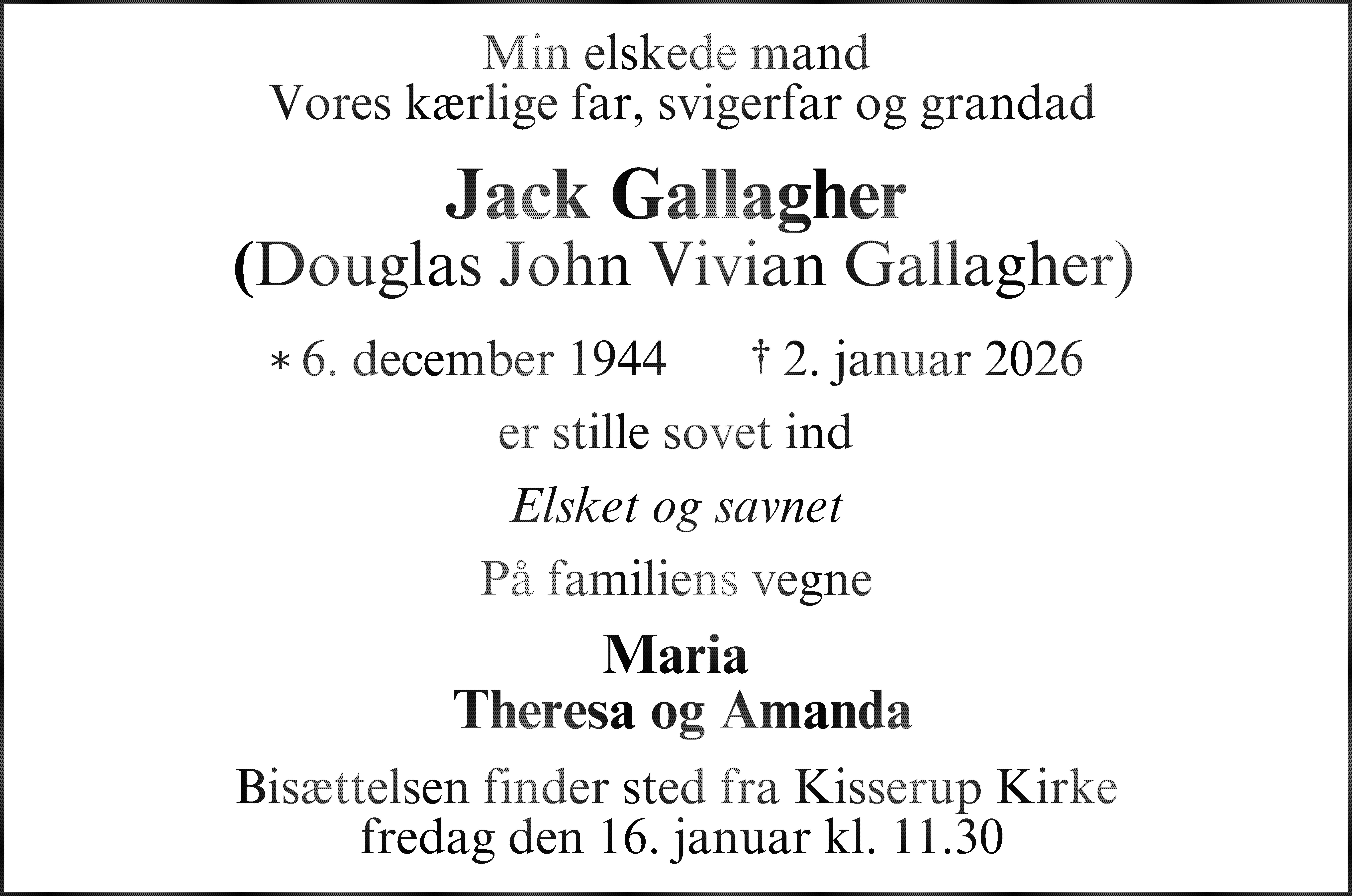 Dødsannonce for Douglas John Vivian Gallagher