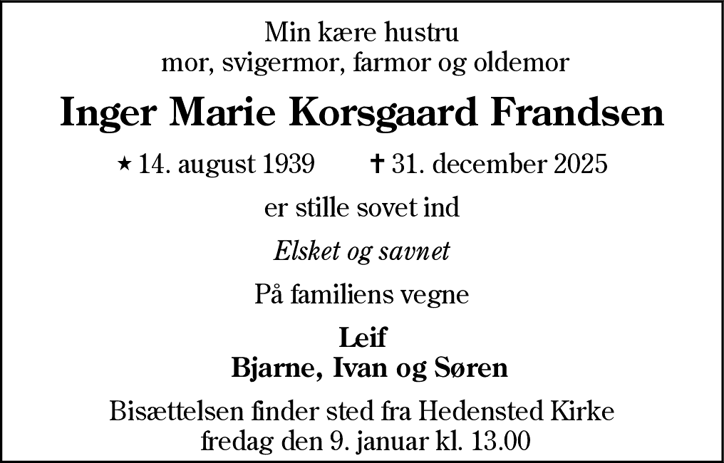 Dødsannonce for Inger Marie Korsgaard Frandsen