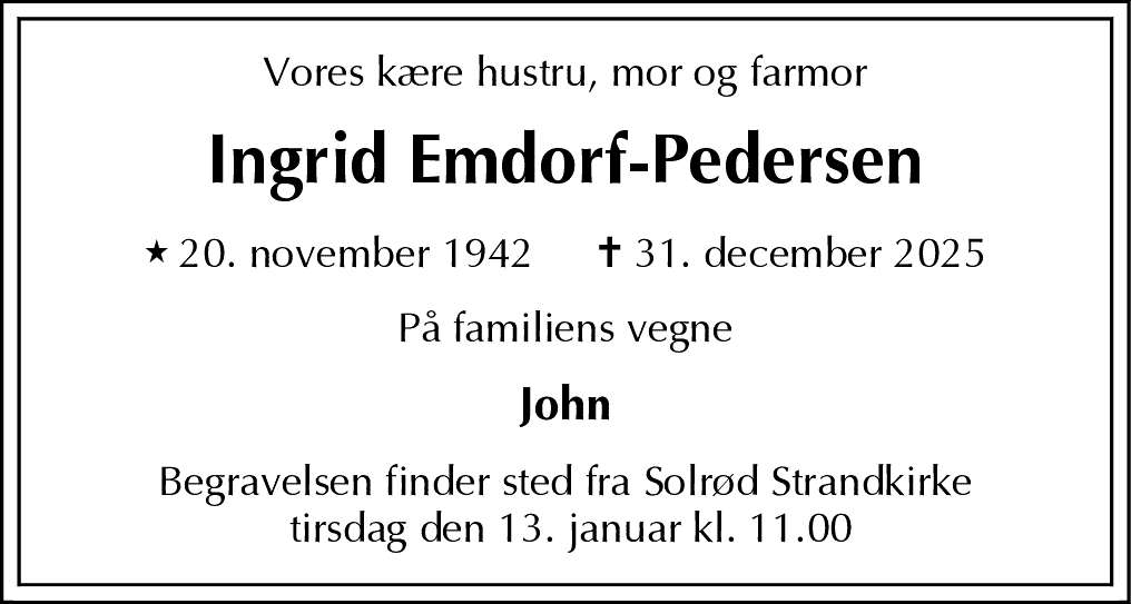 Dødsannonce for Ingrid Emdorf-Pedersen