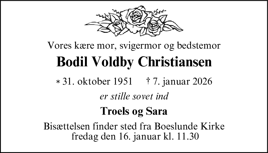 Dødsannonce for Bodil Voldby Christiansen