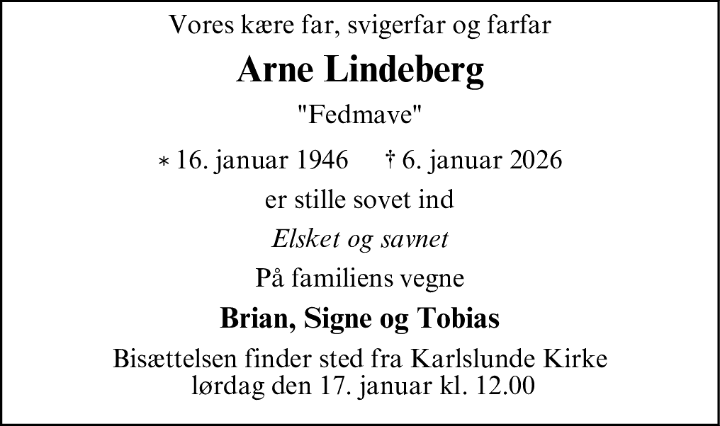 Dødsannonce for Arne Lindeberg