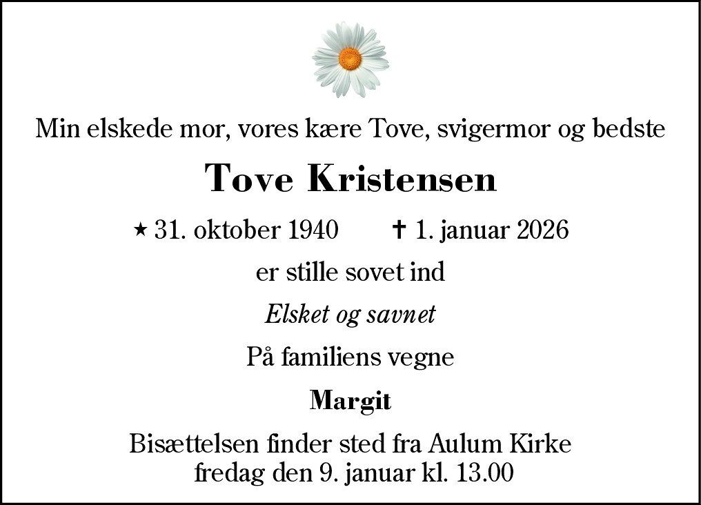 Dødsannonce for Tove Kristensen