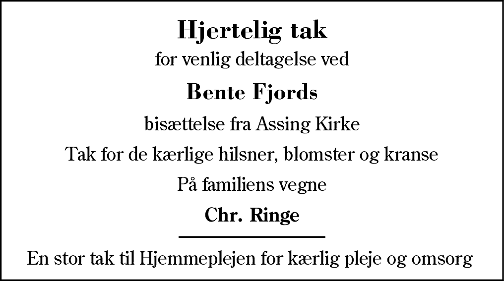 Dødsannonce for Bente Fjord Thomsen