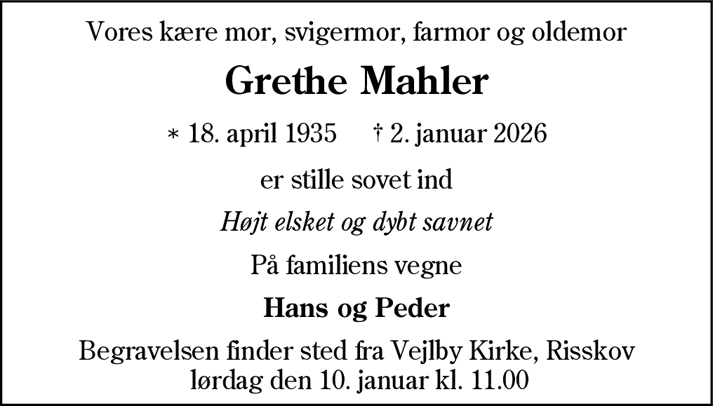 Dødsannonce for Grethe Mahler