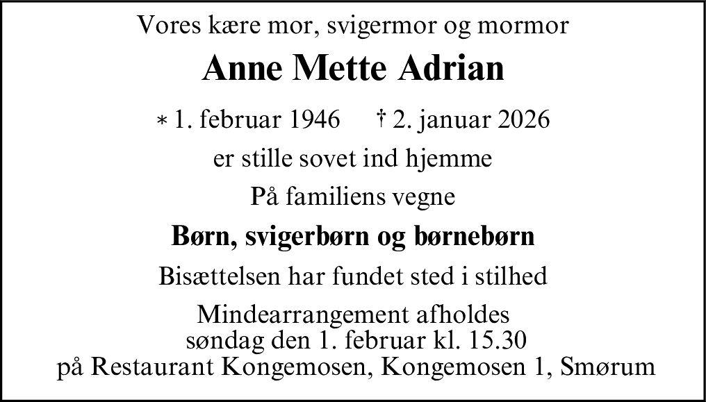 Dødsannonce for Anne Mette Adrian
