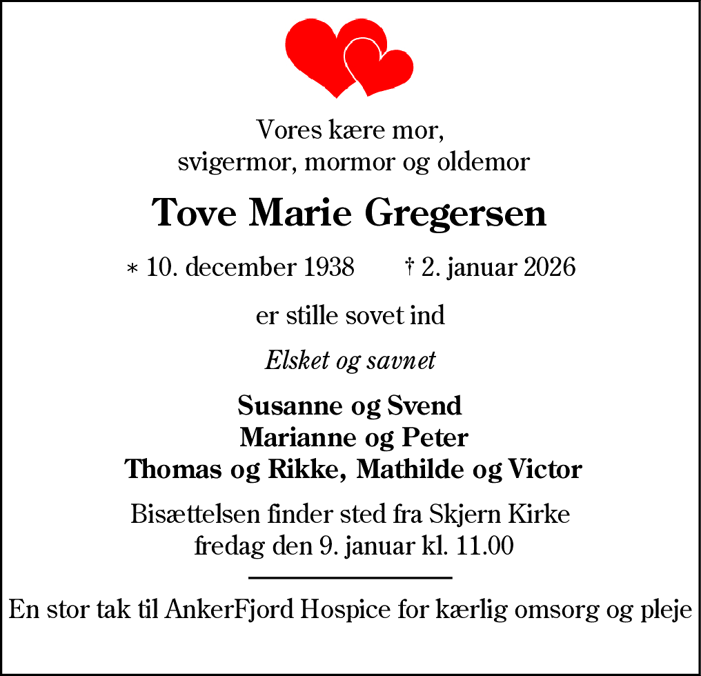 Dødsannonce for Tove Marie Gregersen