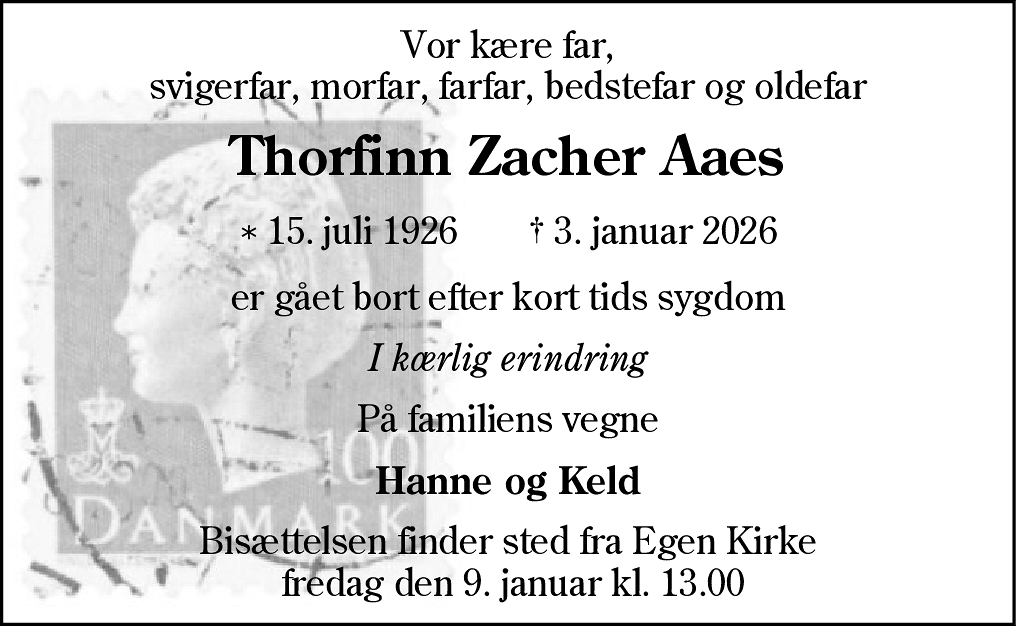 Dødsannonce for Thorfinn Zacher Aaes