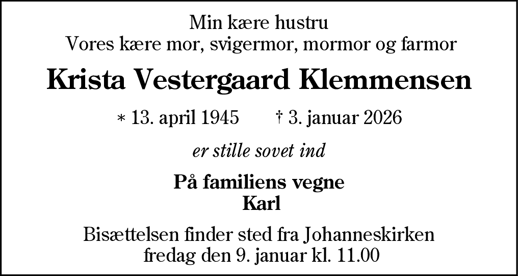 Dødsannonce for Krista Vestergaard Klemmensen