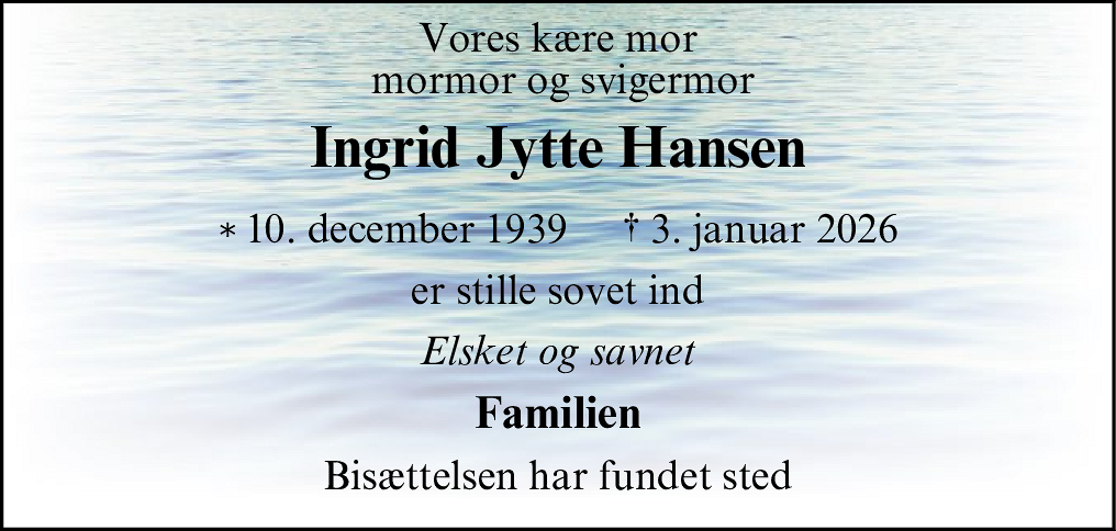 Dødsannonce for Ingrid Jytte Hansen