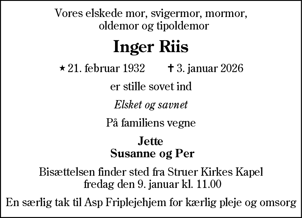 Dødsannonce for Inger Riis