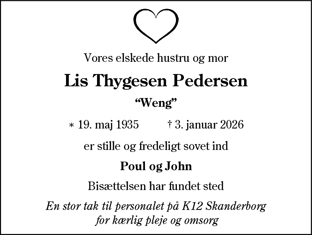 Dødsannonce for Lis Thygesen Pedersen